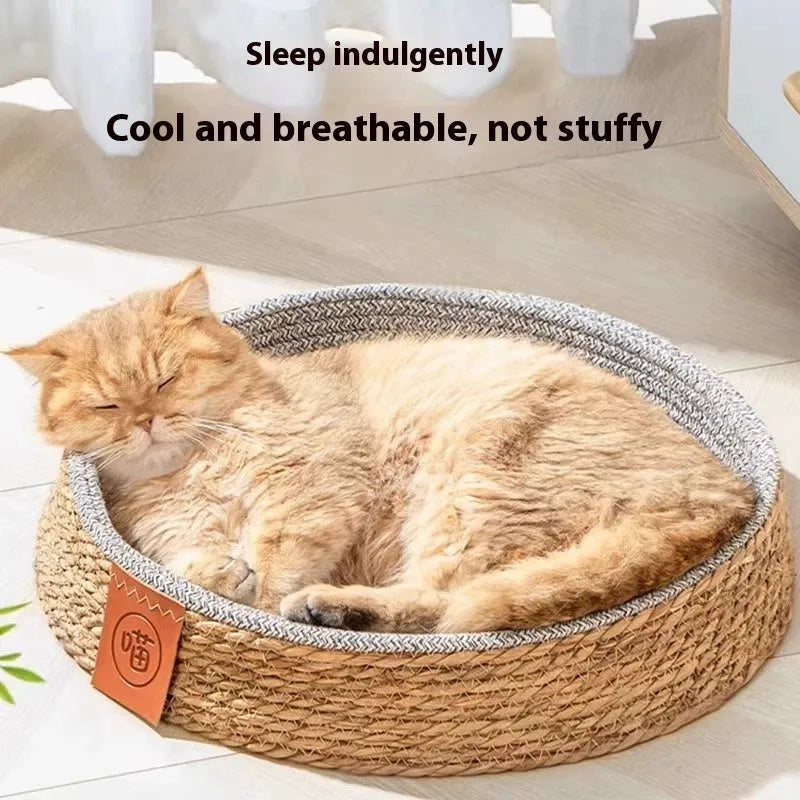 Rattan woven cat nest bed for pets, shown in a natural colour.