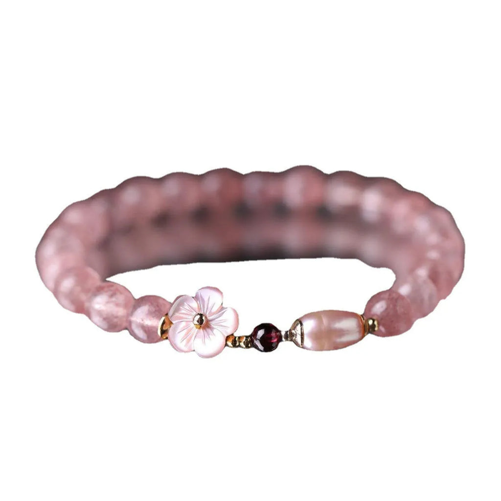 Women's strawberry quartz crystal floral bracelet with adjustable silver-tone chain