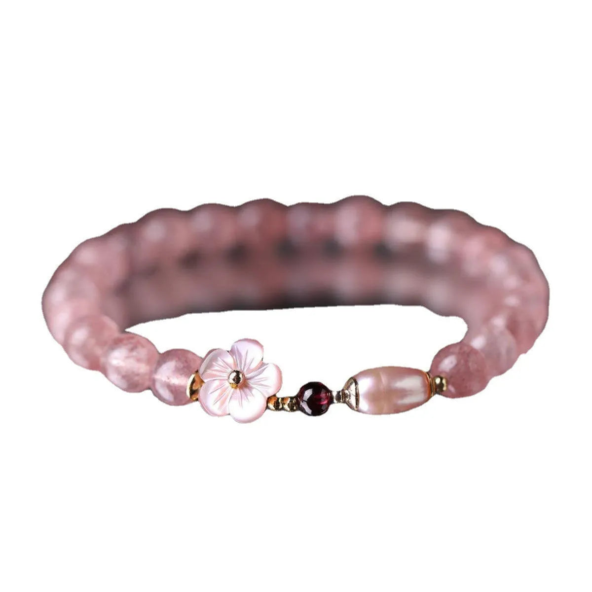 Women's strawberry quartz crystal floral bracelet with adjustable silver-tone chain