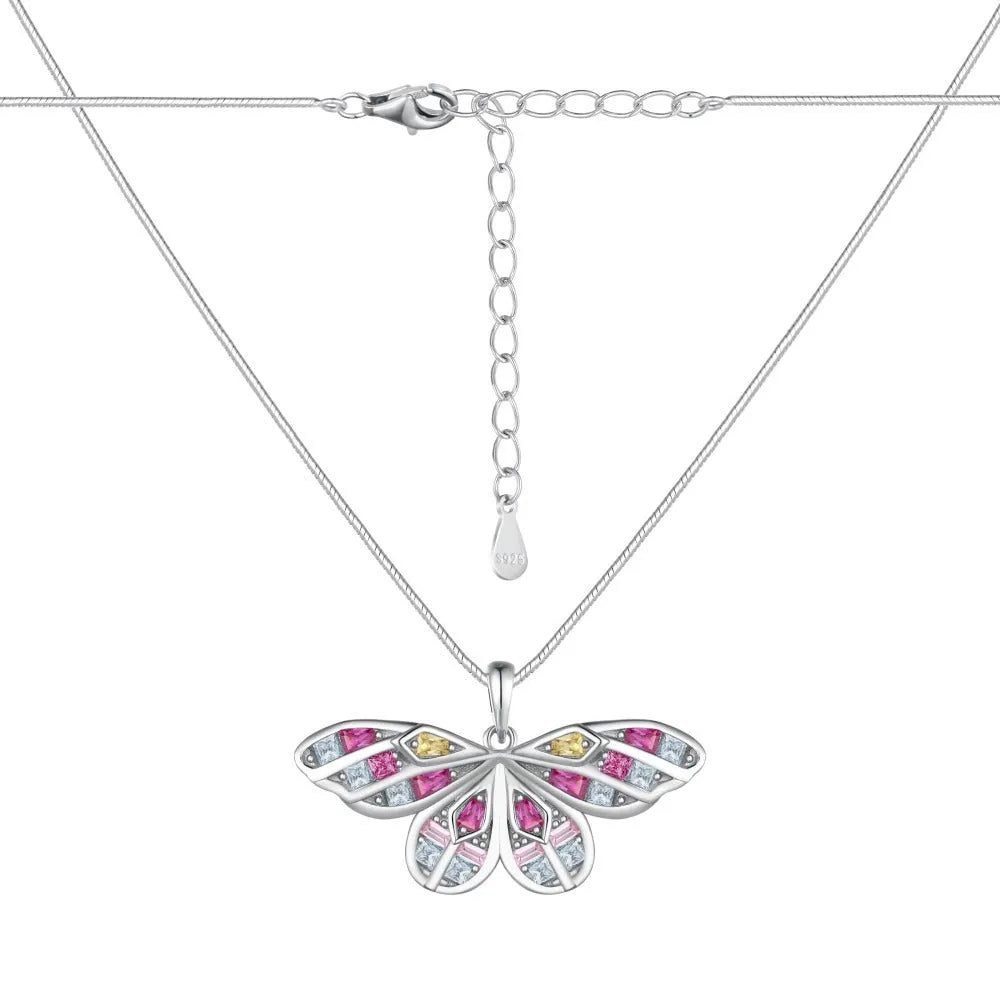 S925 sterling silver butterfly necklace with dopamine colour inlay on a snake bones chain, 41-50cm