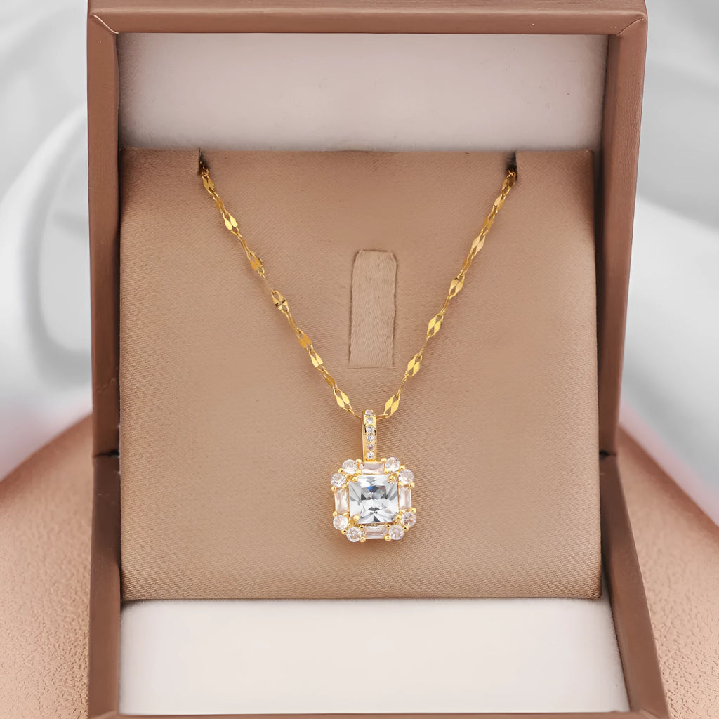 Women's titanium steel clavicle chain with quadrilateral geometric pendant featuring mixed gem inlaid detailing on water wave chain