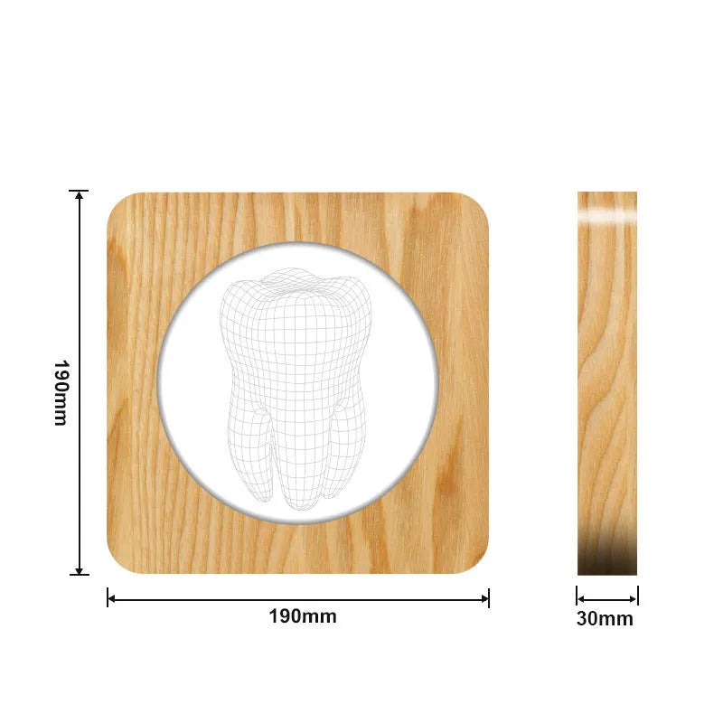 Tooth-shaped wood colour acrylic night lamp with USB cable on white background
