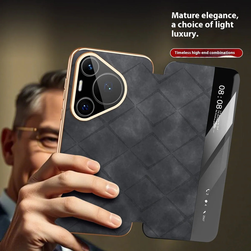 Electroplated diamond grid Huawei phone case in black, brown, and purple with embossed imitation leather
