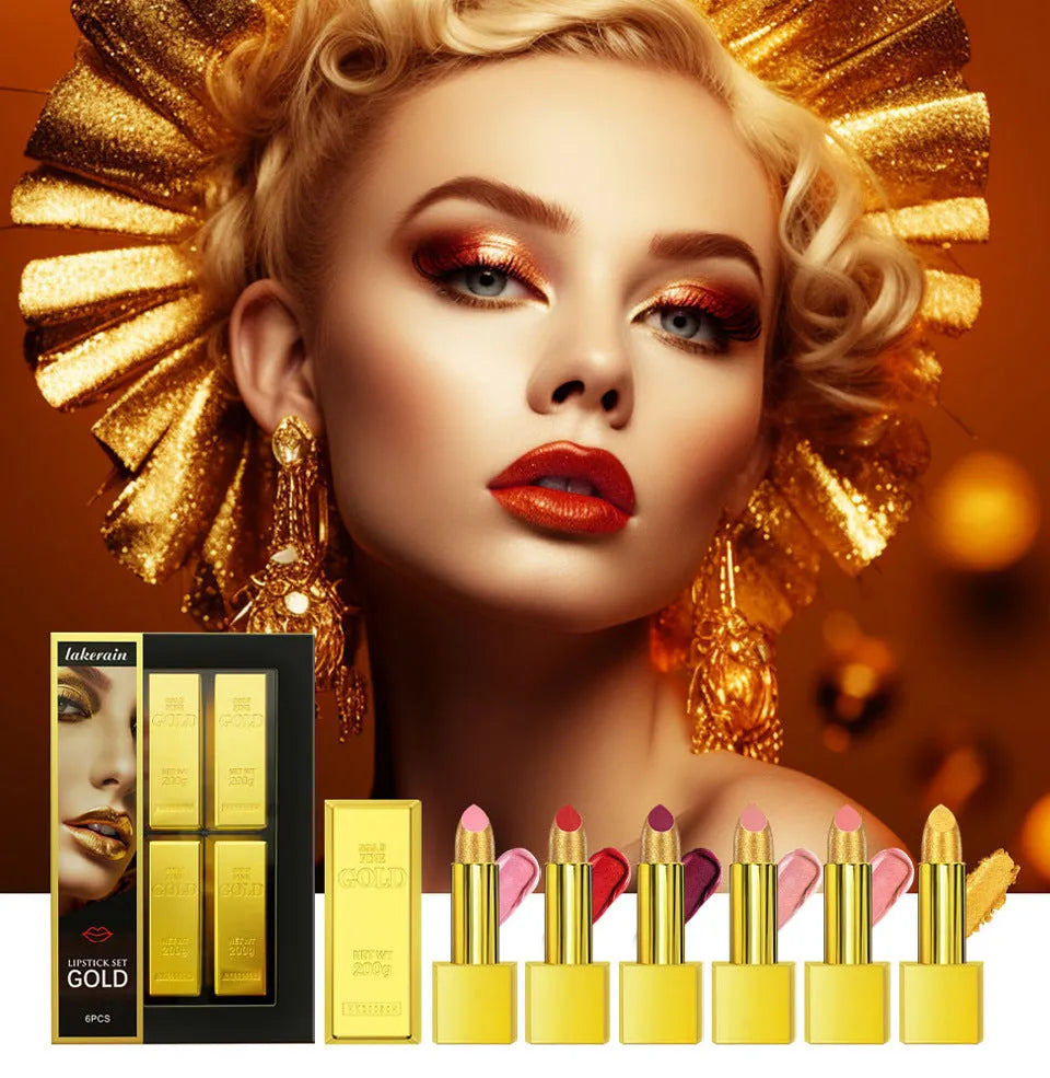 Gold brick tube design lipstick kit with 6 colours and easy-to-colour formula
