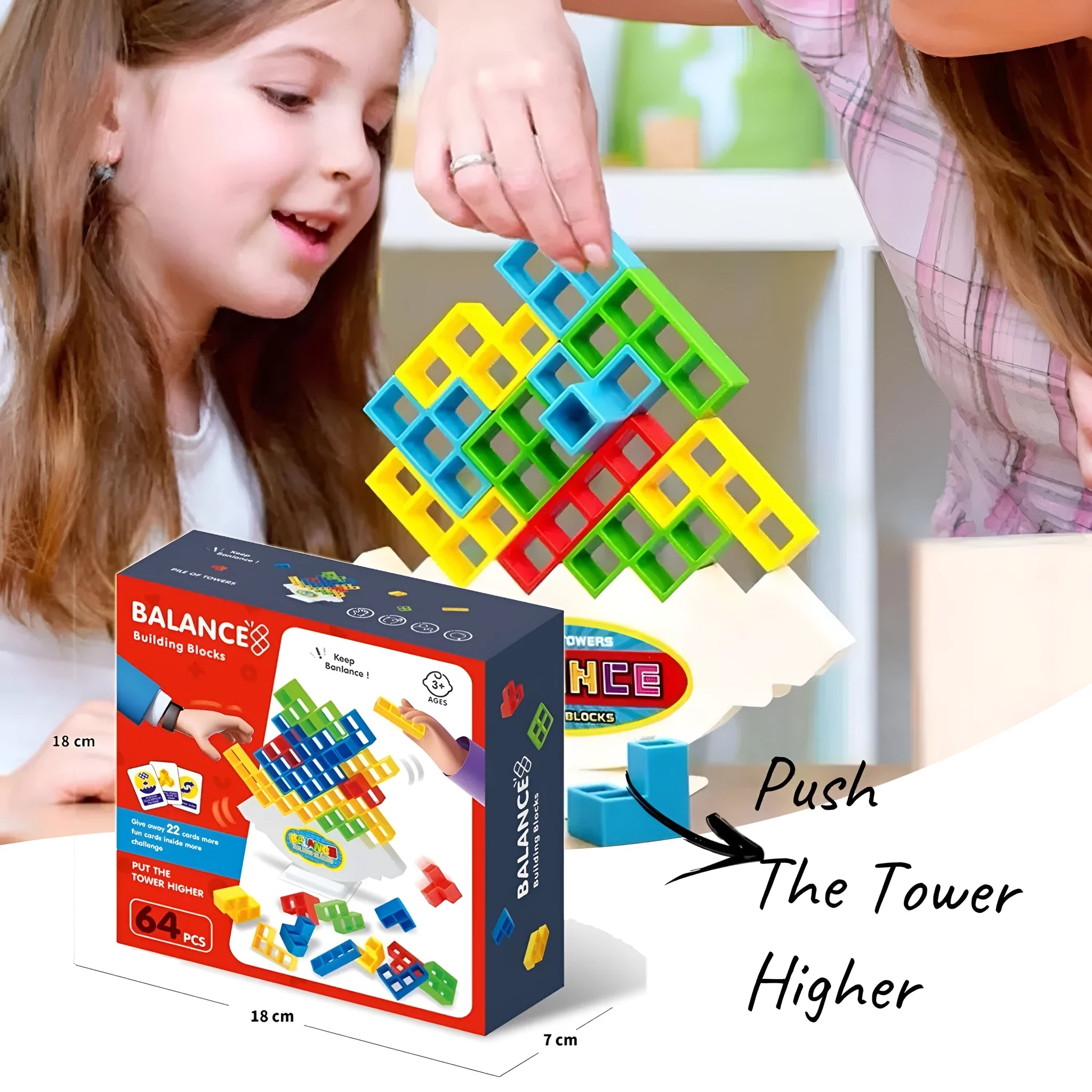Plastic balance stacking game with 16 coloured blocks, chassis, and base on a table.
