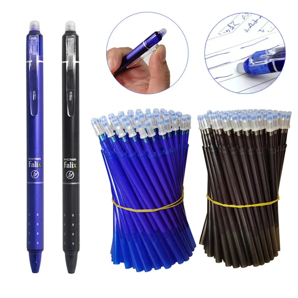 Blue and black erasable gel pen with 0.5mm stainless steel nib and plastic shell for students