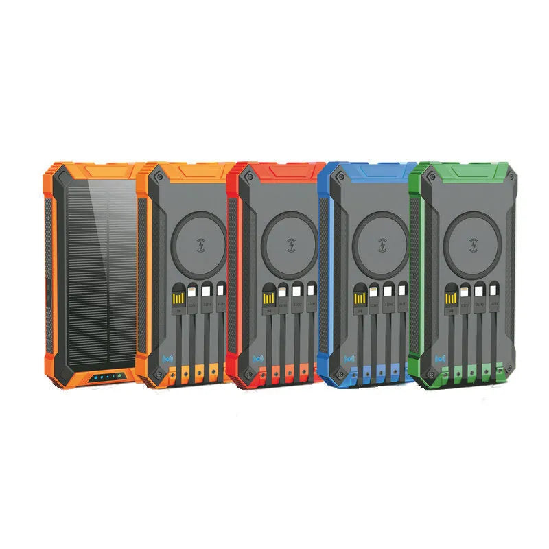 Solar wireless power bank in orange black, 173 x 89 x 28mm plastic shell, 10000mAh or 20000mAh capacity
