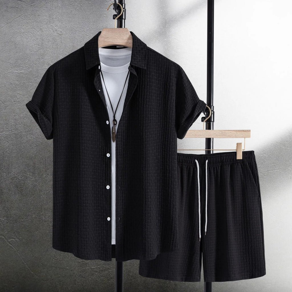 Men's white cotton blend beach shirt and shorts suit for summer casual wear