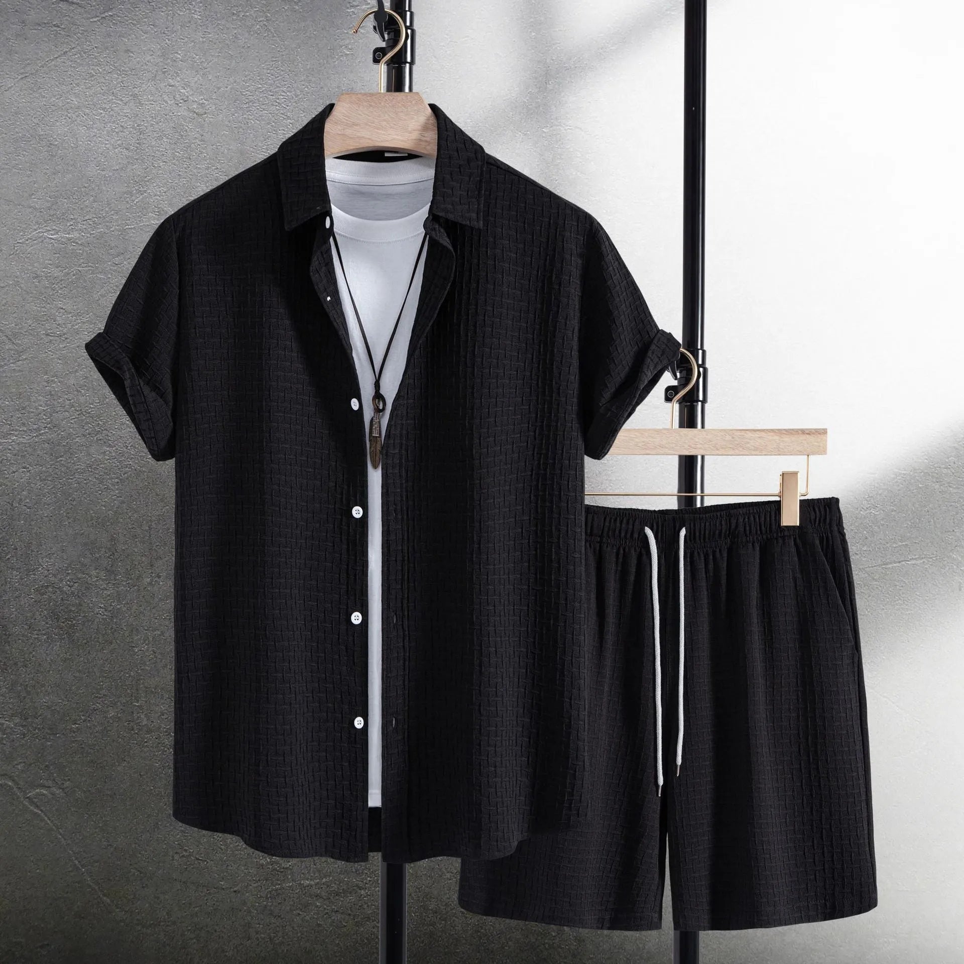 Men's white cotton blend beach shirt and shorts suit for summer casual wear