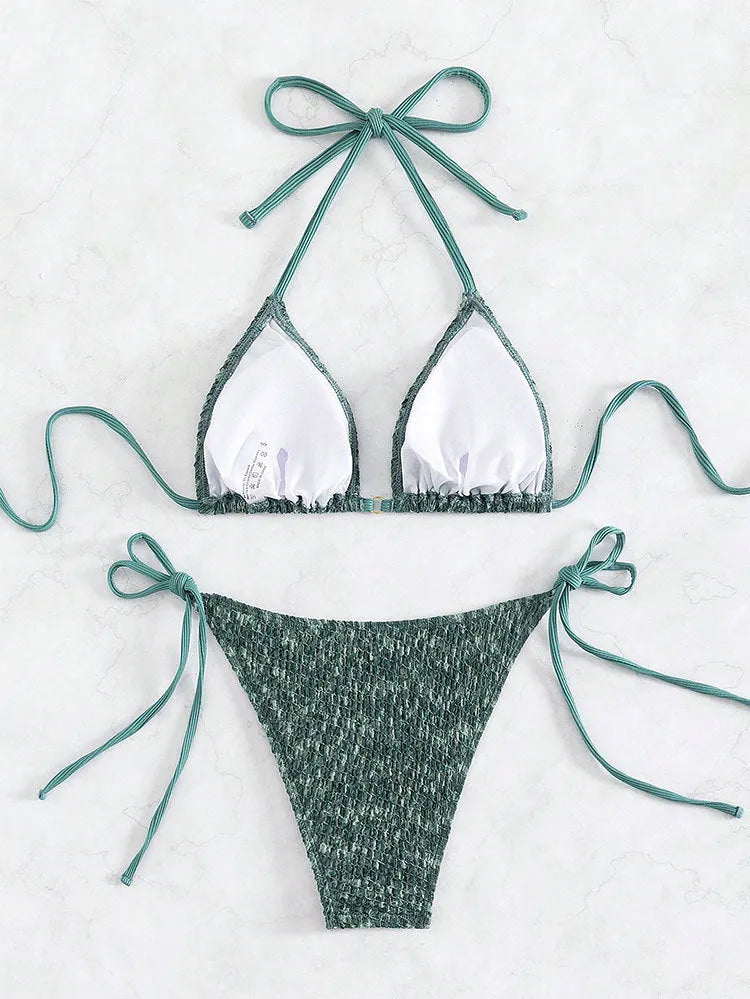 Women's green backless halter swimsuit bikini set with shorts