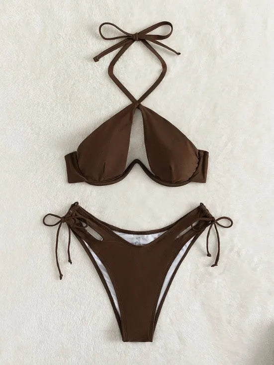 Women's solid colour halter bikini with backless briefs in black, blue, or brown