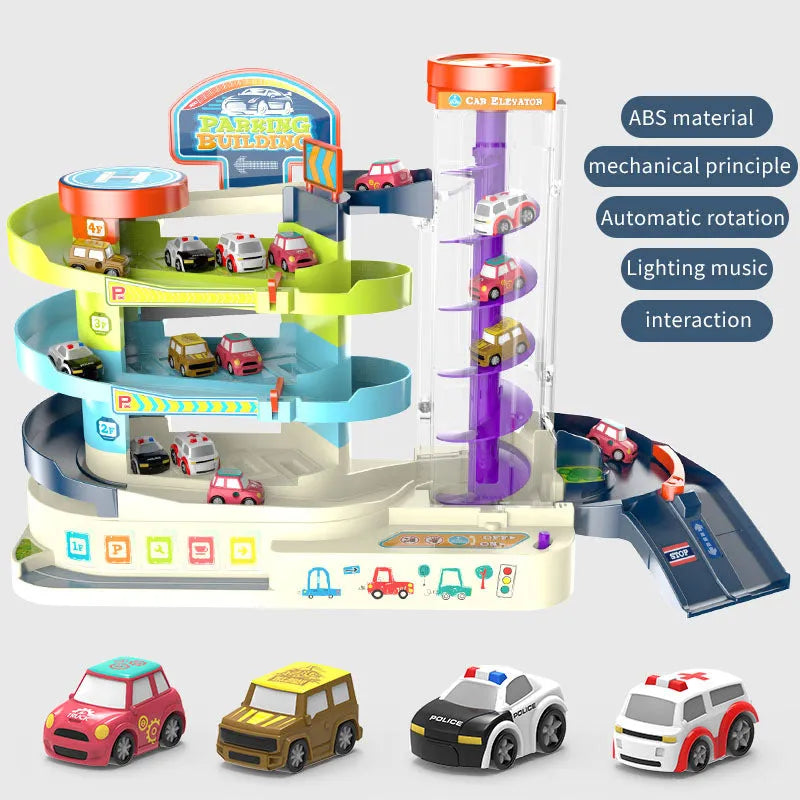 Children's steering wheel toy car building parking lot set with rail car, plastic, dual mode, ages 4-6
