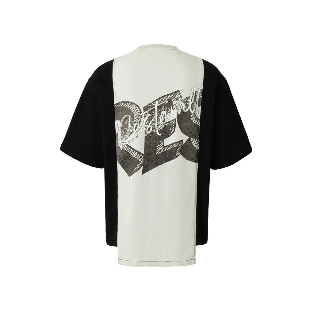 Black and white deconstruction print cotton blend t-shirt with loose fit and short sleeves