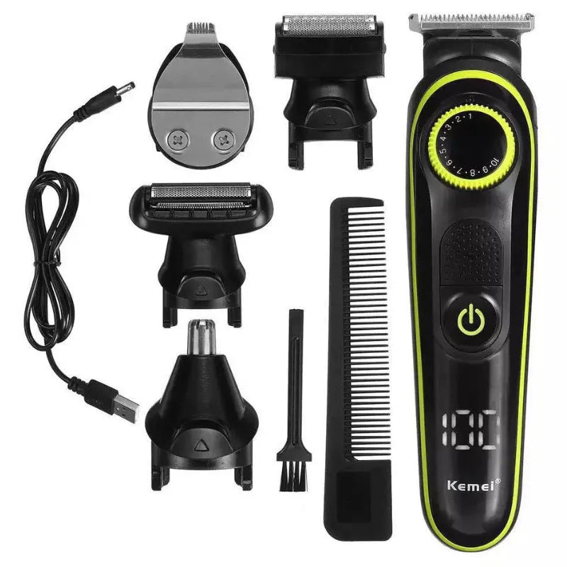 Black KM-696 electric hair clipper kit with stainless steel blade and USB charging cable