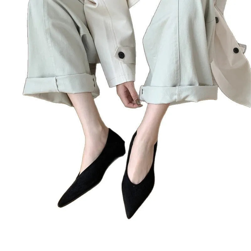 Wedge suede pointed toe pumps in black, brown, coffee or yellow, flat heel, square toe, sizes 35-40