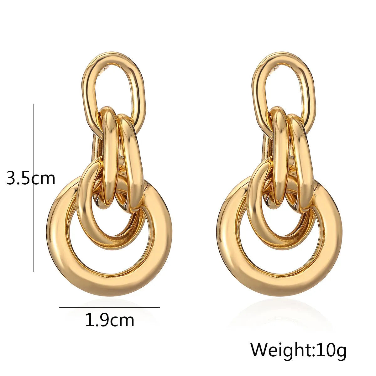 Geometric gold earrings with irregular design elements on copper base with gold electroplating