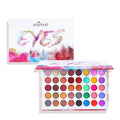 Shimmer matte eye shadow palette with eight shades including purple, blue, black, sky blue, caramel, watermelon red, cameo brown, and peacock blue
