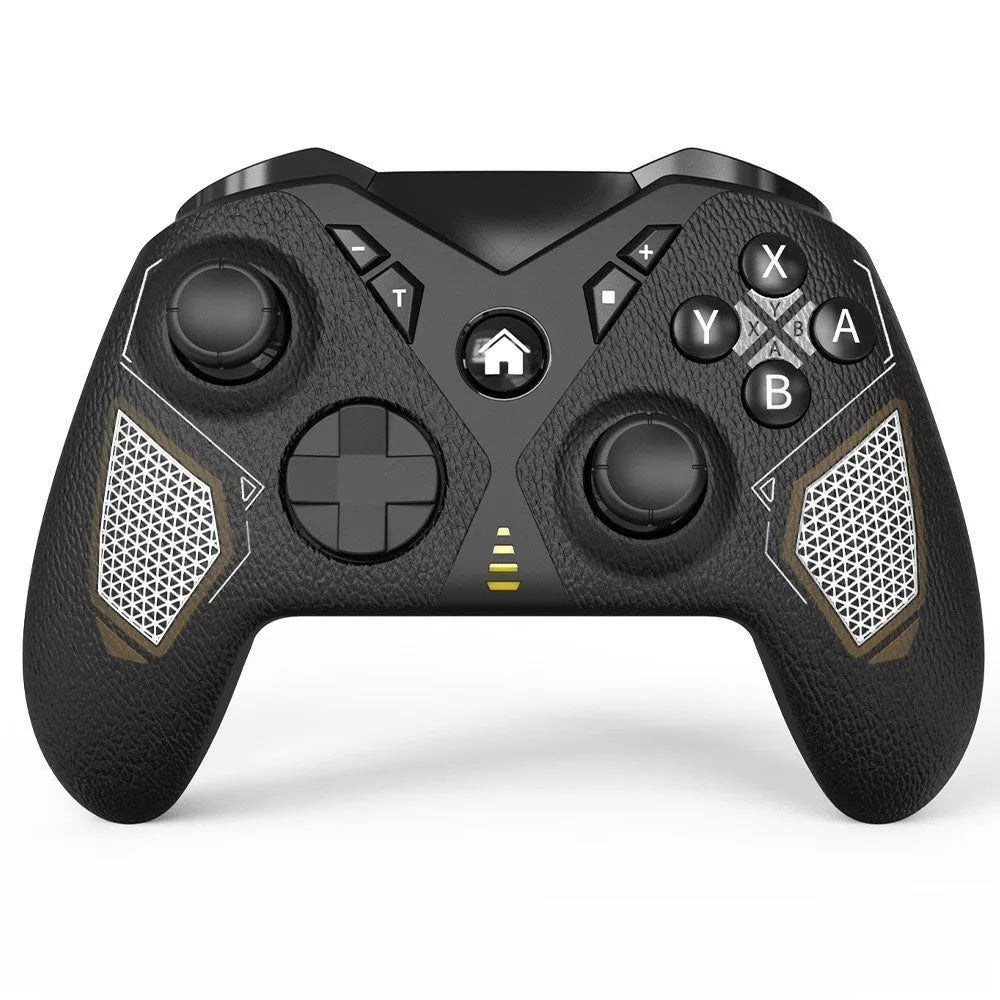 Black wireless game controller with leather-pattern grip for Nintendo Switch and PC.