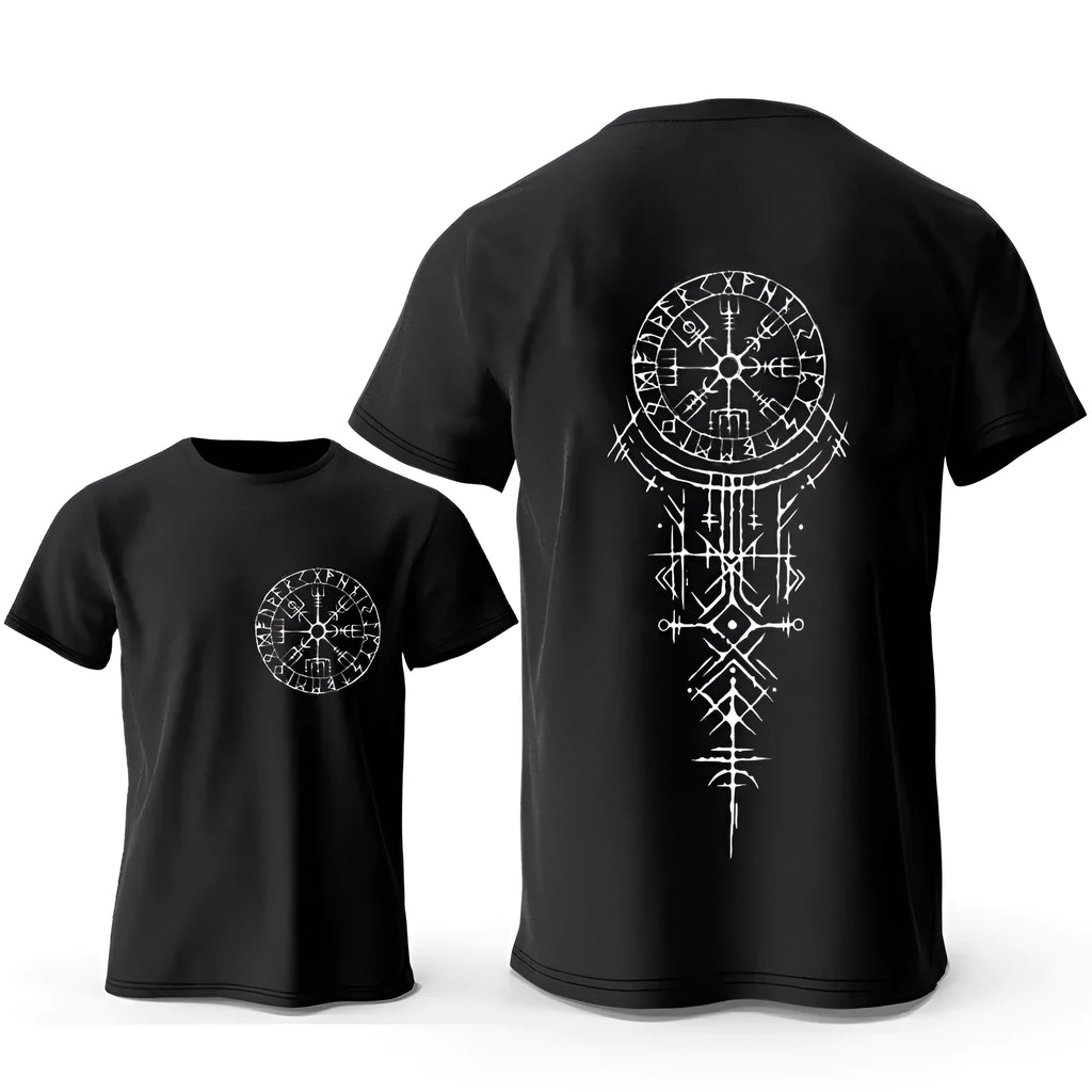 Men's grey t-shirt with a printed Viking rune compass graphic design on the chest.