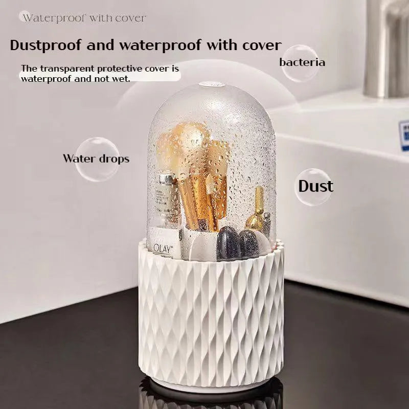 White acrylic rotating makeup brush storage holder with transparent lid and split compartments