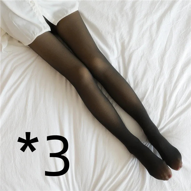 Women wearing fake translucent fleece lined tights in black, with high waist and sheer look