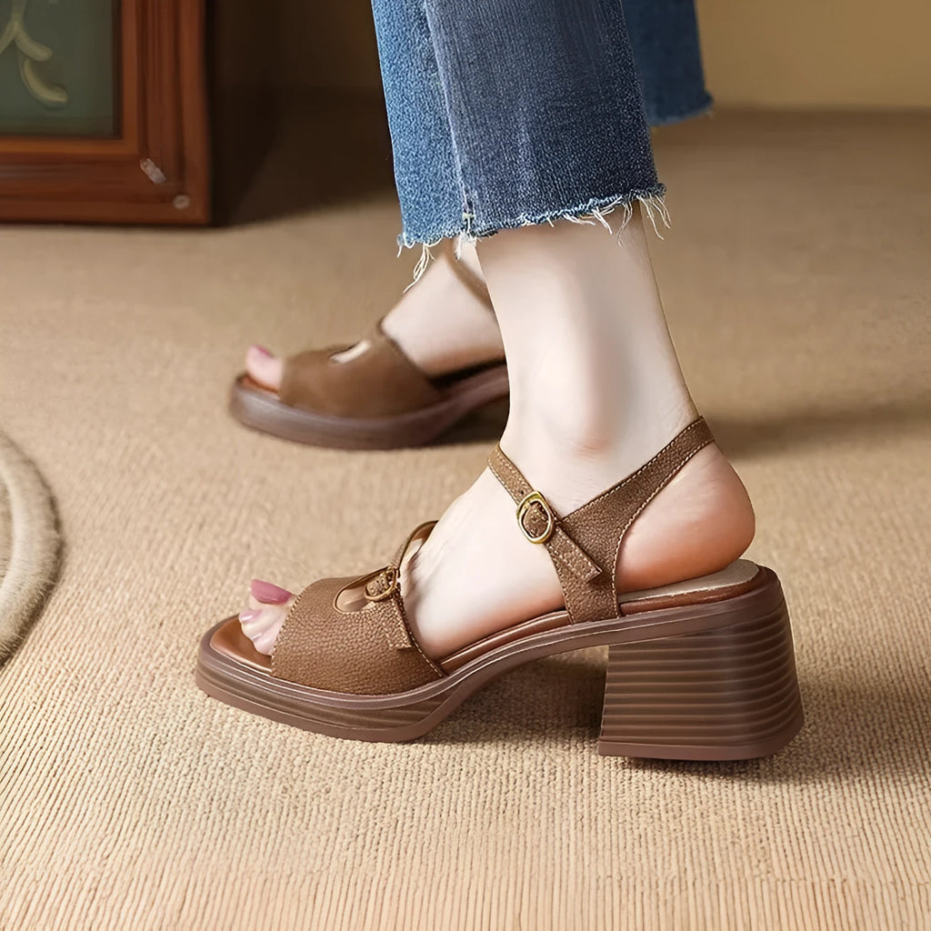 Women's open toe square toe platform sandals in retro style with PU leather upper