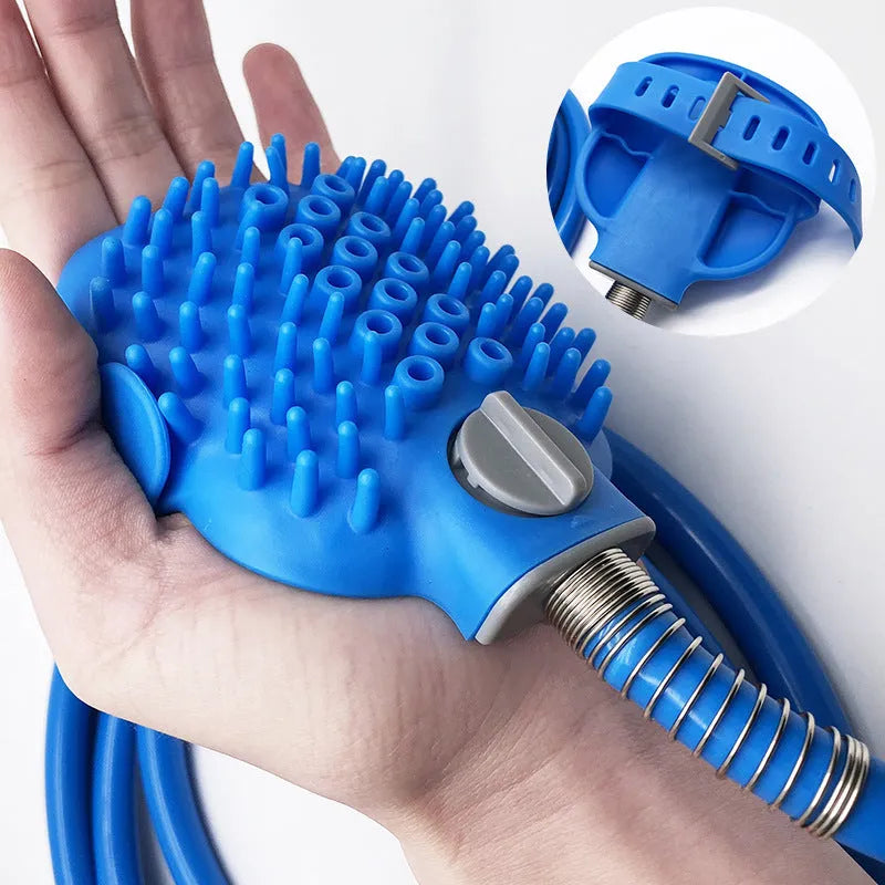 Blue pet bath brush with 2.5-metre hose, silicone and ABS body, and two adapters for dogs and cats