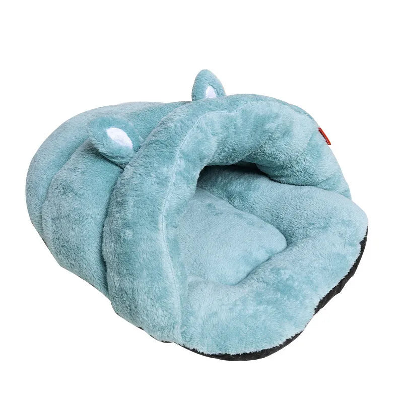 Soft cozy pet cave bed in beige, blue, or grey, sizes M 60x48x28cm and S 45x36x22cm for dogs, cats, and kittens