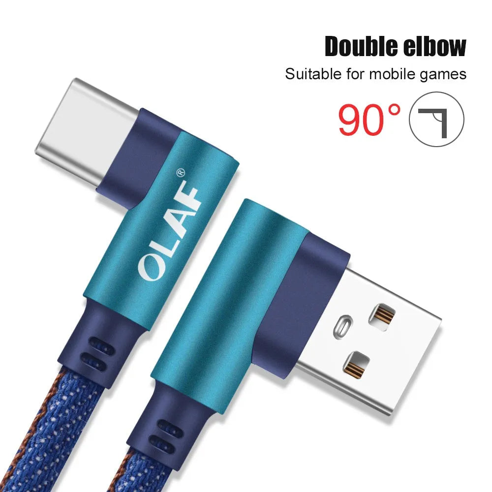 USB charging cable with denim wrapping and aluminium connectors in multiple colour options
