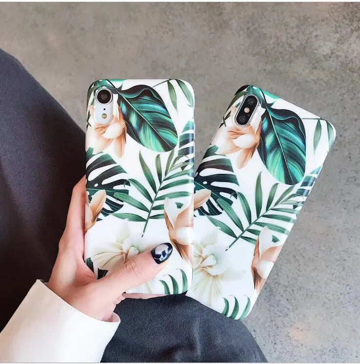 Soft TPU iPhone case with banana leaf floral pattern for multiple models