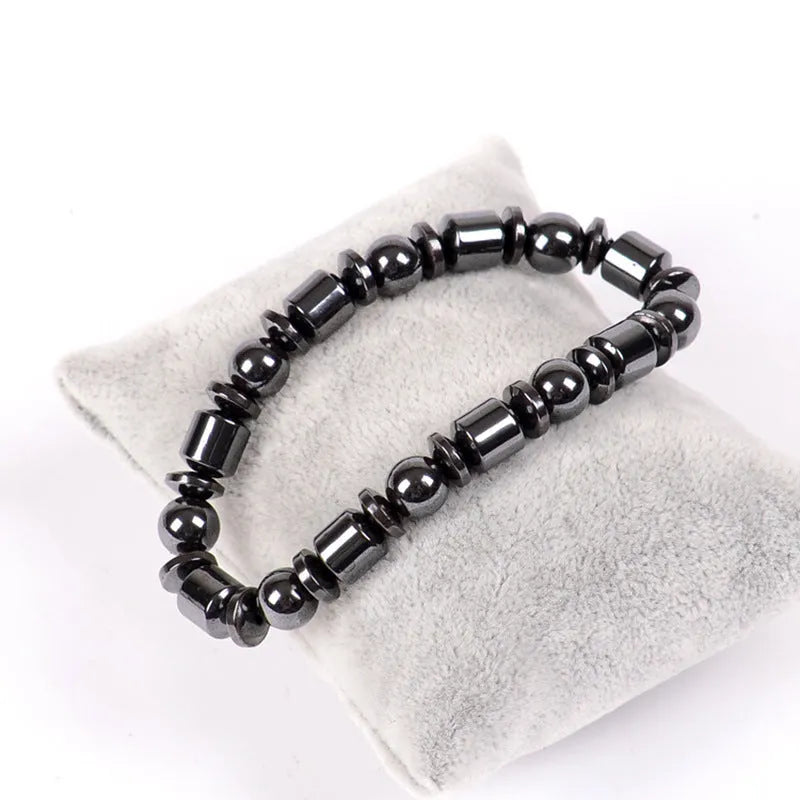 Black pentagram stone magnetic therapy bracelet with magnetite and hematite stretch design