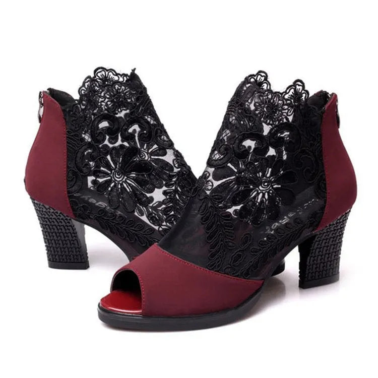 Women's black floral lace gladiator sandals with zip closure and square heels