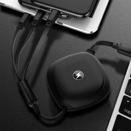 3 in 1 telescopic charging cable extended to show titanium alloy connectors and TPE wire body