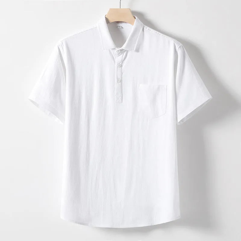 Men's loose-fit linen T-shirt with lapel collar in black, short sleeves, hemp blend fabric