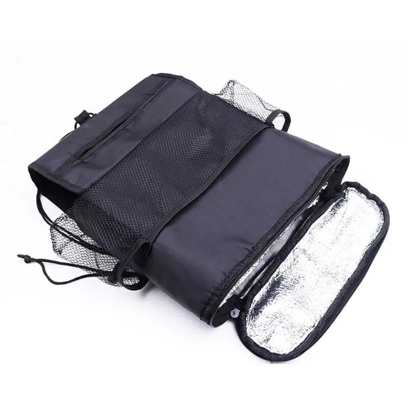 Black Oxford cloth thermal car seat back organizer with insulation aluminium foil, hanging storage bag