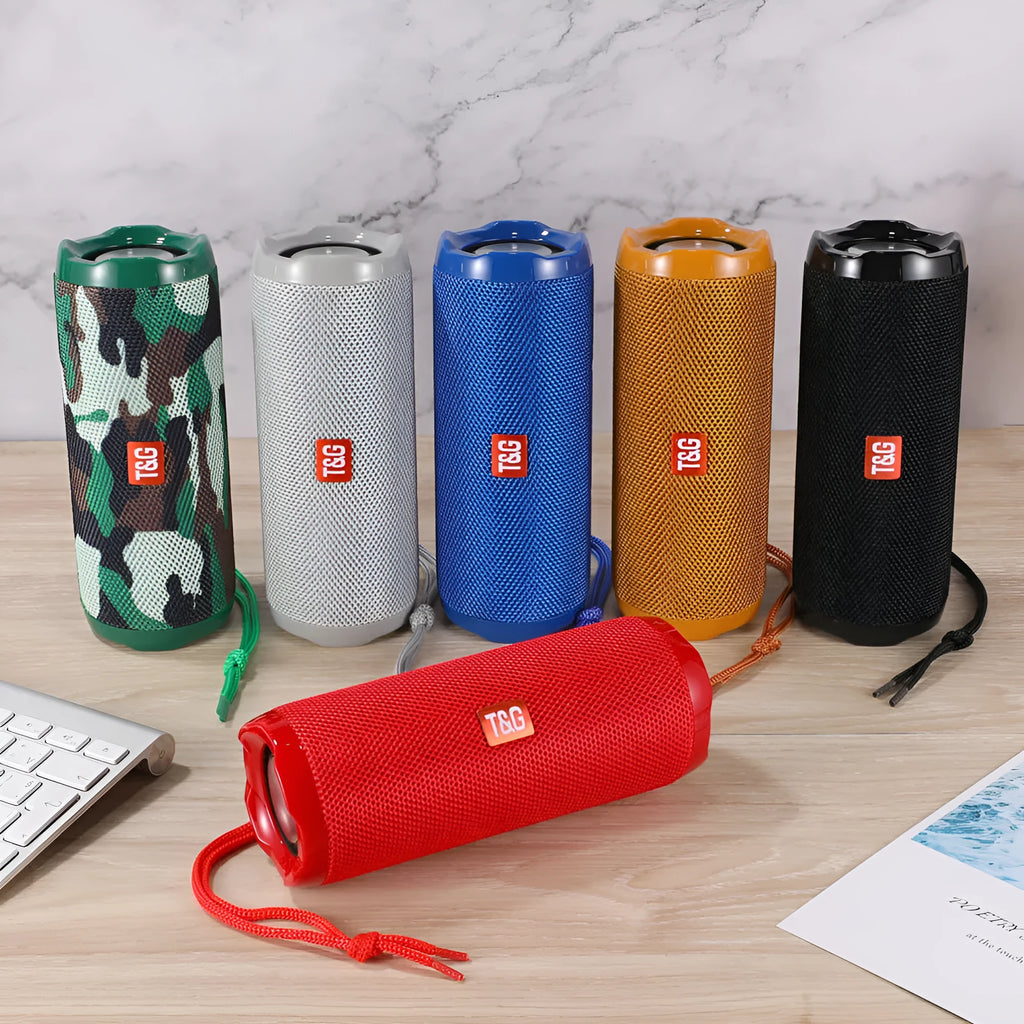 Portable Bluetooth speaker with card holder in multiple colour options including blue, black, and camouflage.