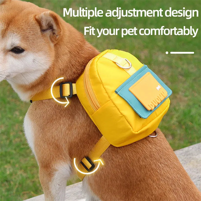 Blue adjustable pet backpack harness with storage compartments and breathable mesh panels for dogs