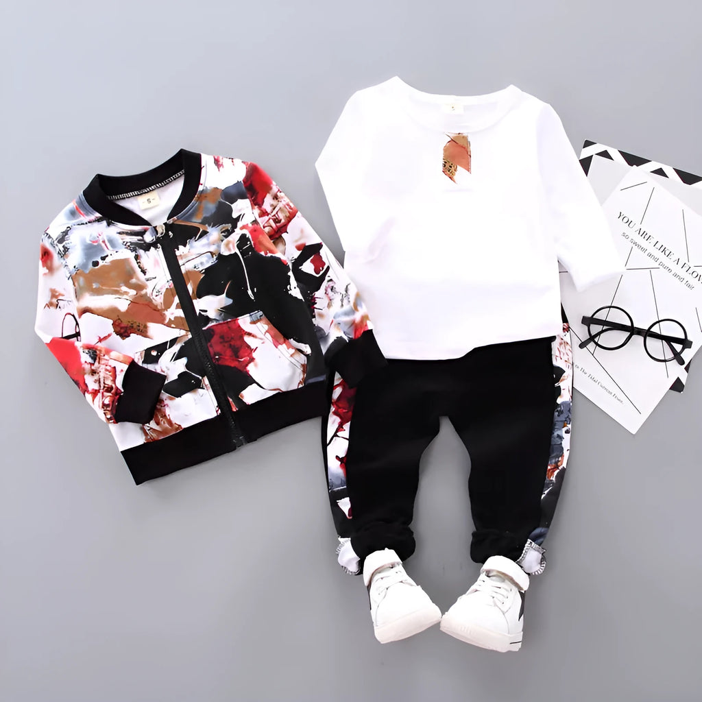 Boys black autumn winter three-piece Korean style suit with long sleeves and trousers