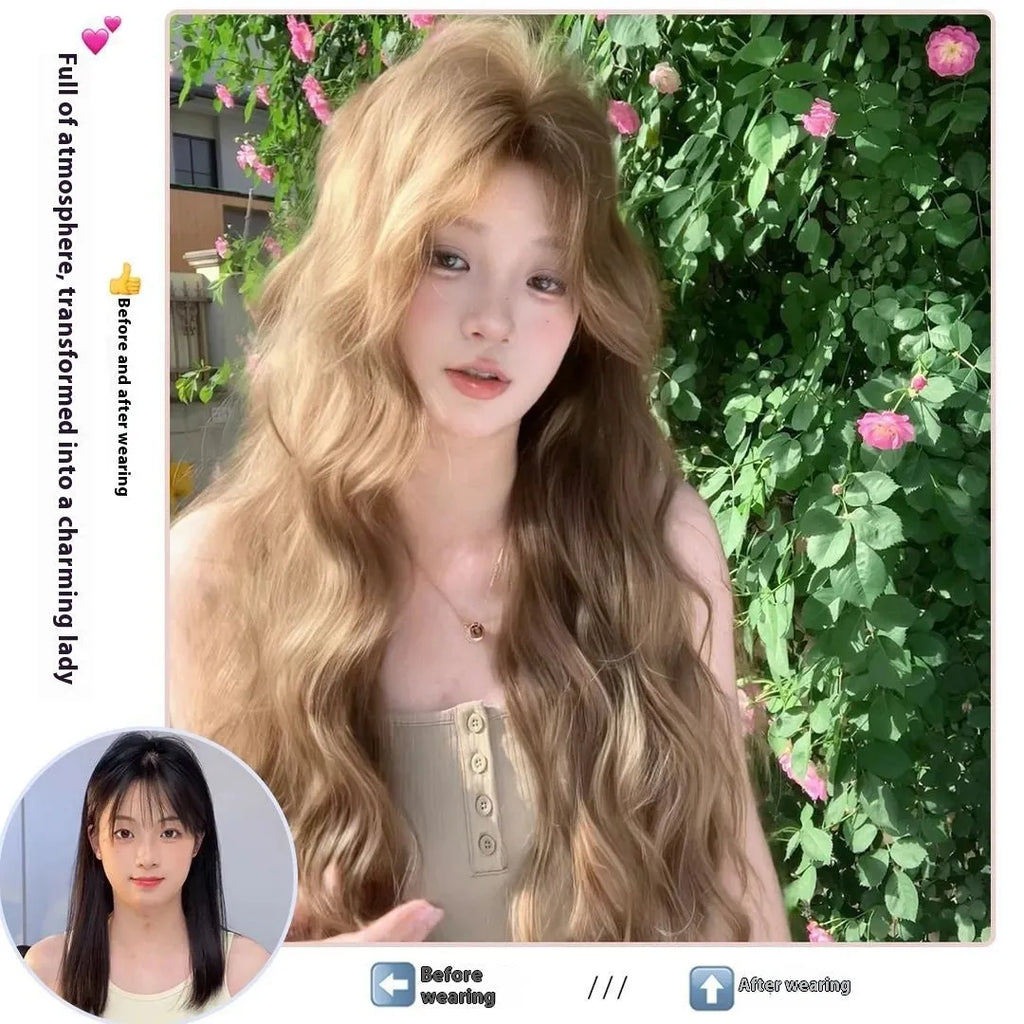 Linen brown synthetic wig with medium length curly style and included hair net