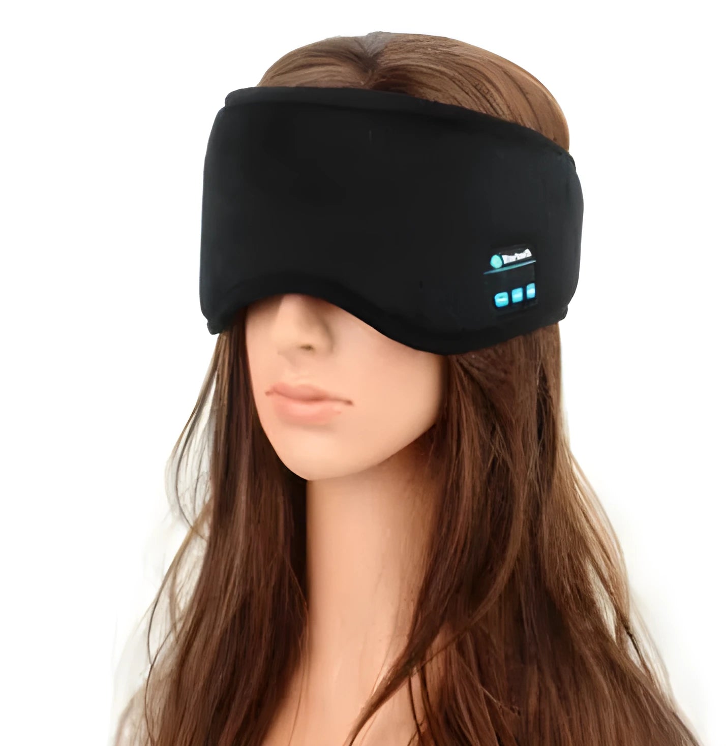 Black Bluetooth sleep mask with integrated earphones for wireless music playback and blackout design