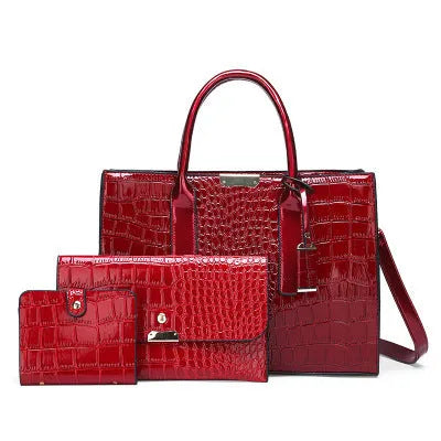 Women's black crocodile pattern cowhide shoulder bag with zip closure and silver tone hardware