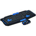Black and blue wireless keyboard and mouse set on desk with gaming and work applications