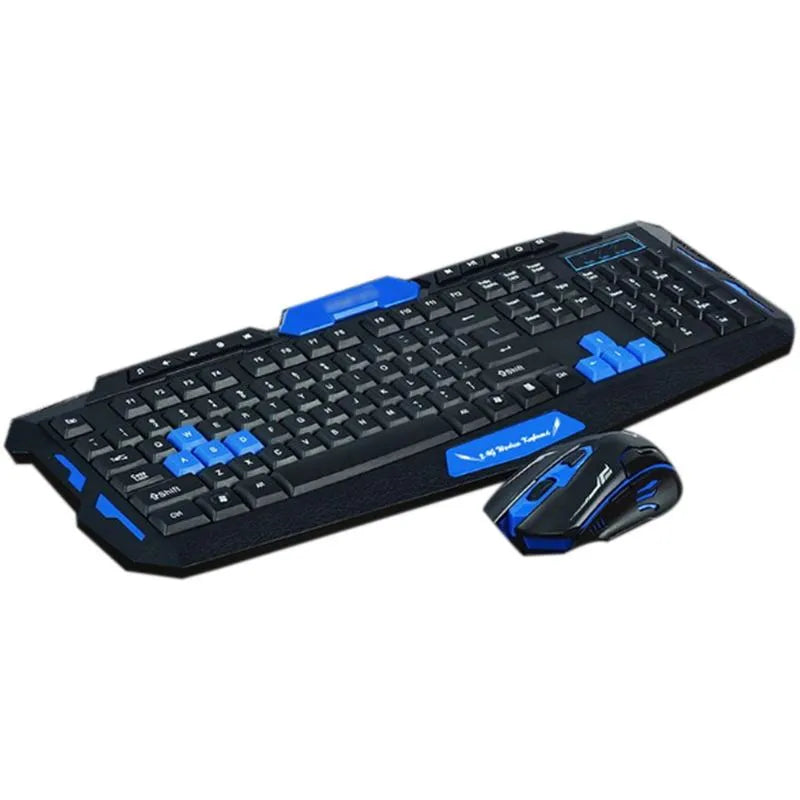 Black and blue wireless keyboard and mouse set on desk with gaming and work applications
