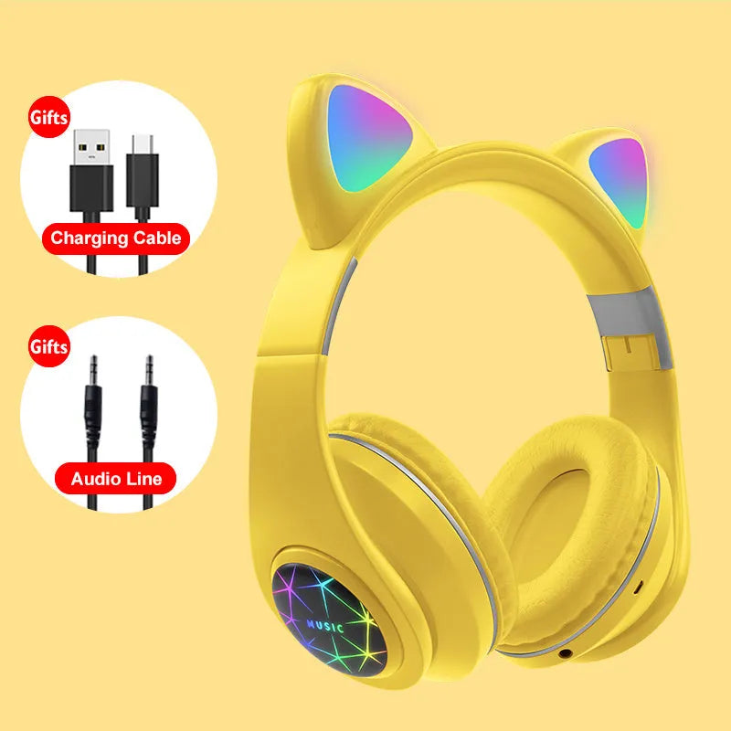 Wireless cat ear Bluetooth headset in multiple colours, showing head-mounted design for sports and music.