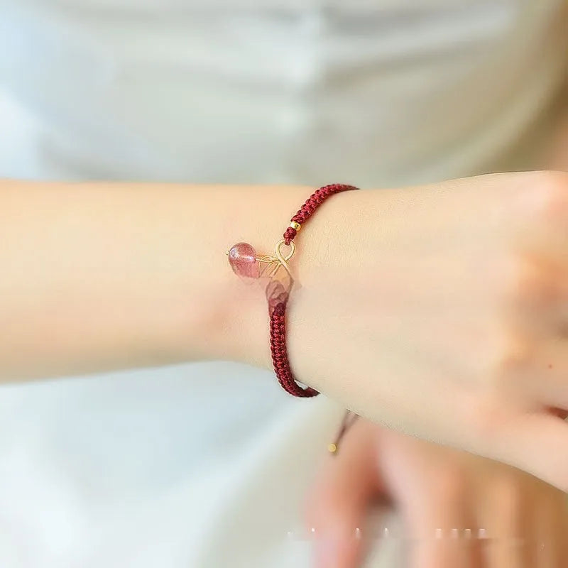 Natural strawberry quartz women's bracelet with fruit-shaped beads and adjustable sliding knot closure