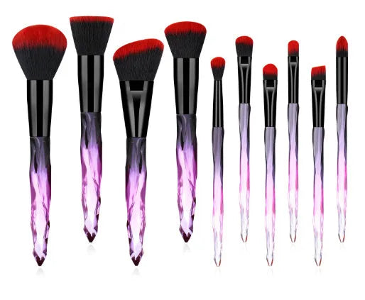 10 crystal handle foundation brushes with synthetic fibre bristles in black blue red yellow colours