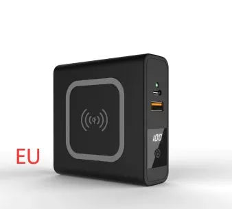 PD20W power bank with integrated plug showing black and white colour options with international adaptors