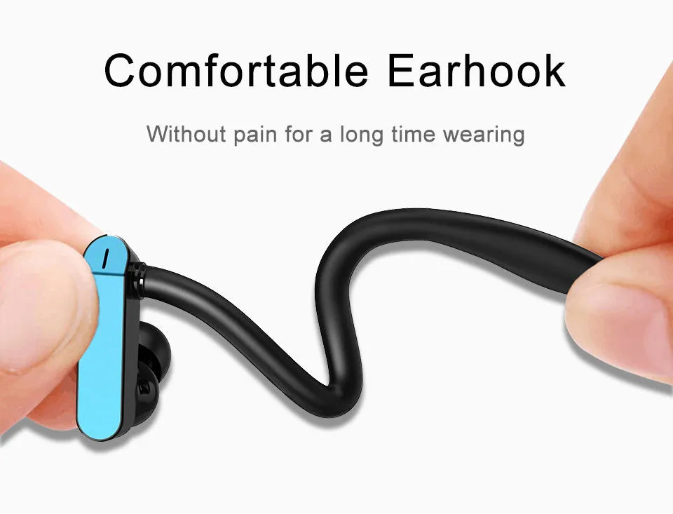 Black and blue sport earbuds with over-ear hooks and silicone tips shown next to a phone