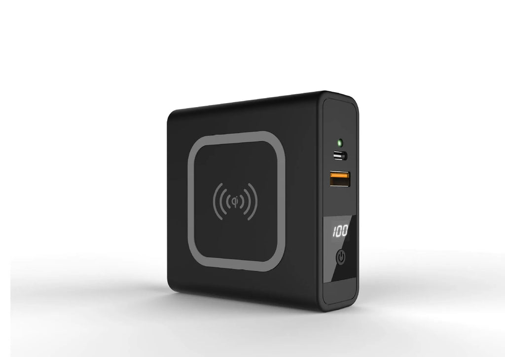 PD20W power bank with integrated plug showing black and white colour options with international adaptors
