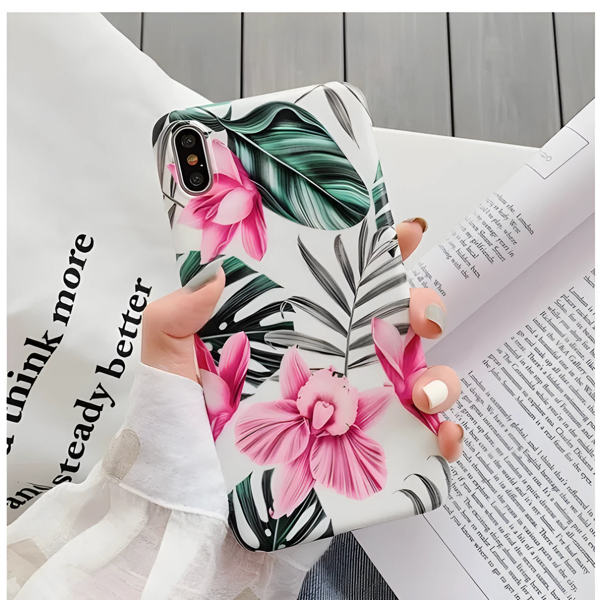 Pink floral pattern TPU phone case for iPhone models on white background